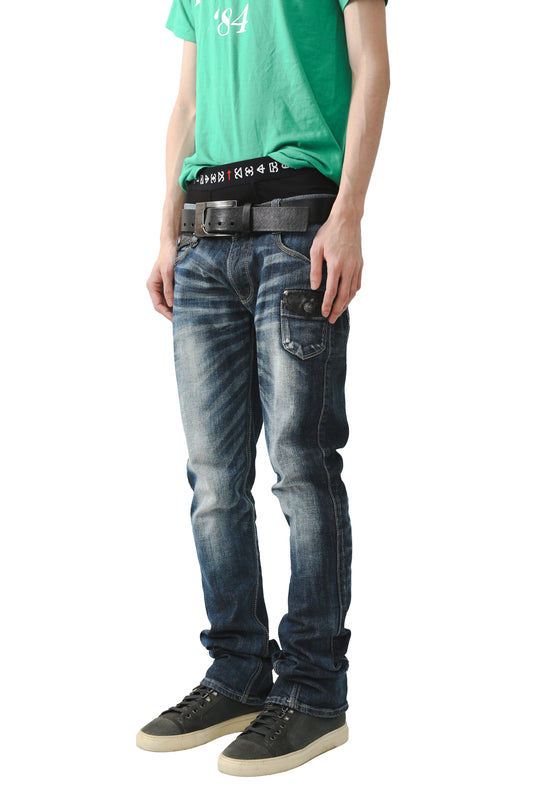 LEATHER POCKET FADED STRAIGHT JEANS