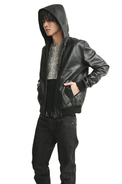 LEATHER HOODED BLOUSON