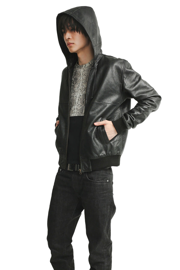 LEATHER HOODED BLOUSON
