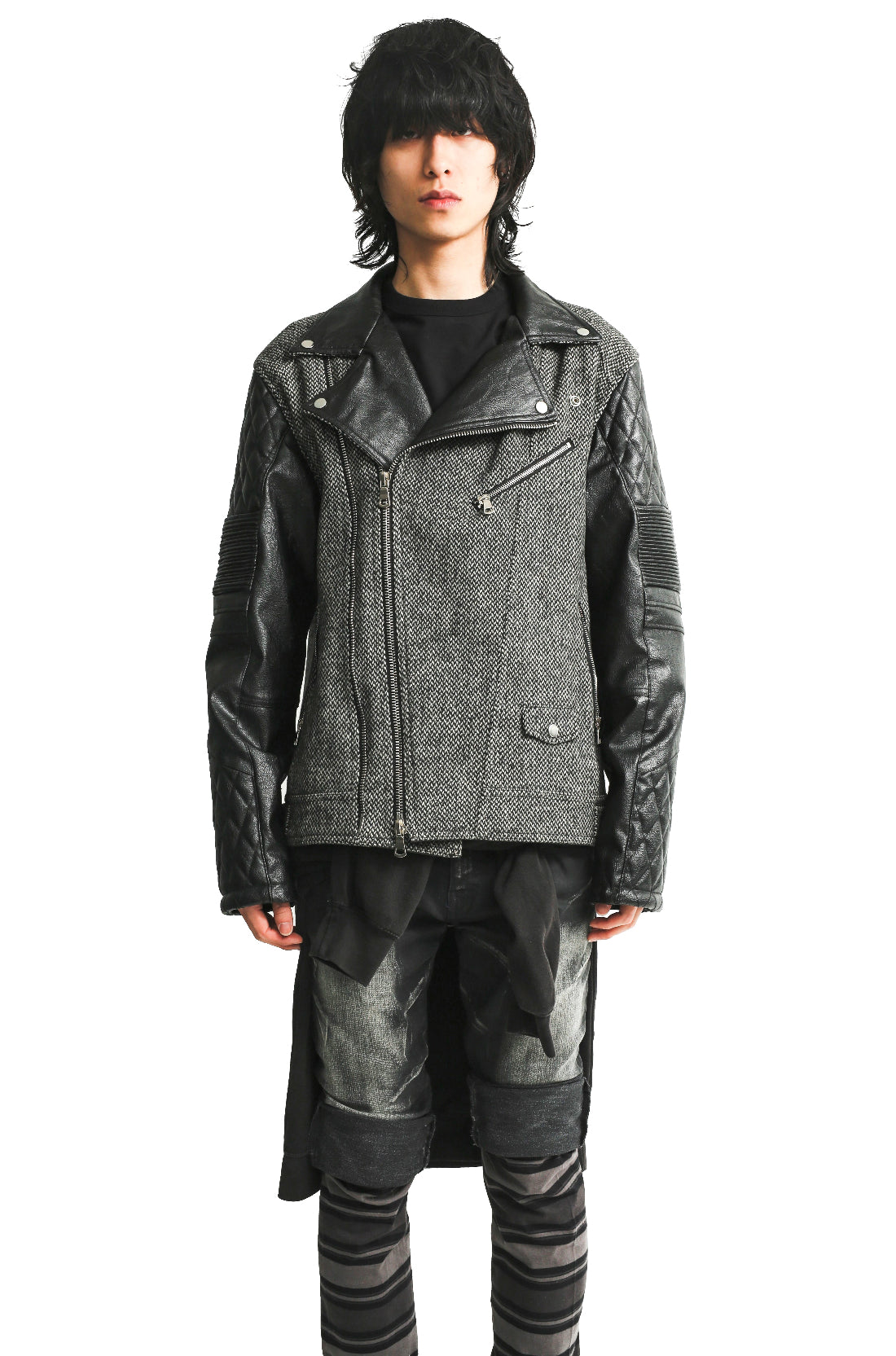 LEATHER SLEEVE TWEED RIDERS JACKET