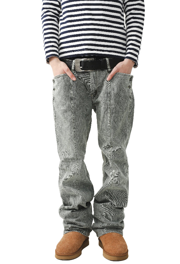 LEATHER PATCHED FADED JEANS