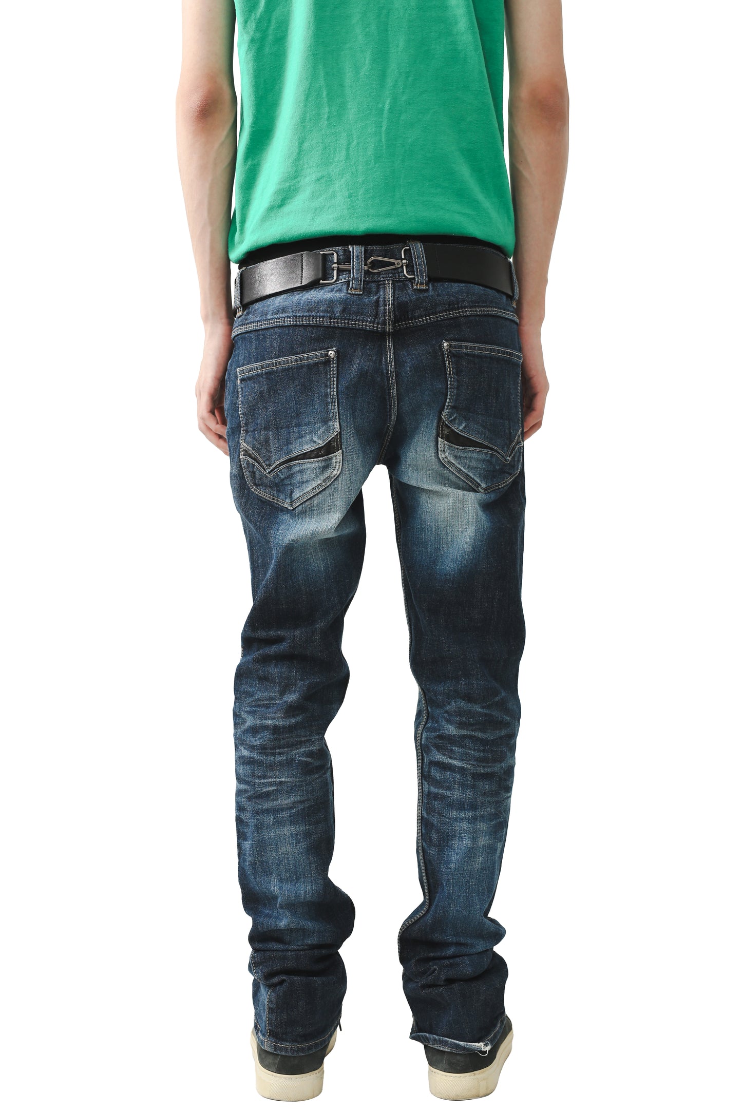 LEATHER POCKET FADED STRAIGHT JEANS