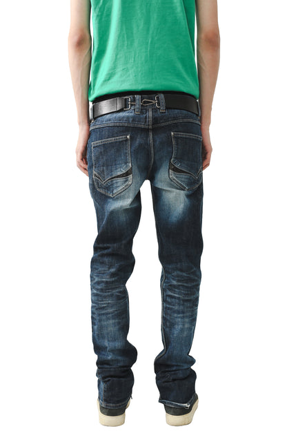 LEATHER POCKET FADED STRAIGHT JEANS