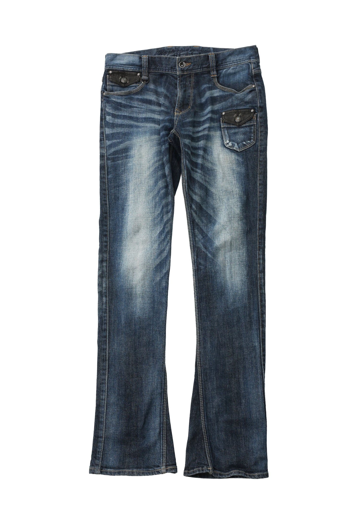 LEATHER POCKET FADED STRAIGHT JEANS