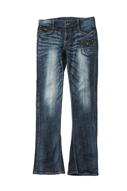 LEATHER POCKET FADED STRAIGHT JEANS