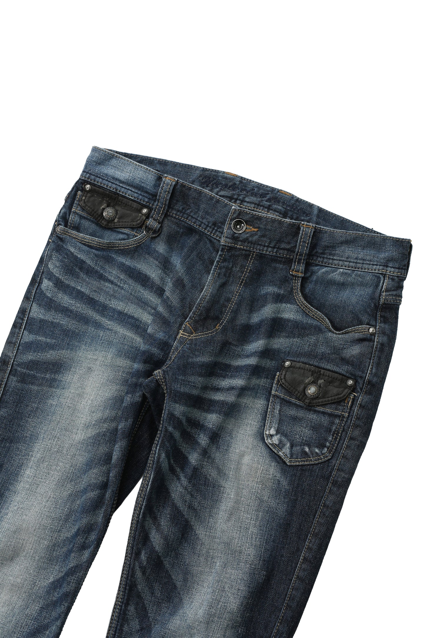 LEATHER POCKET FADED STRAIGHT JEANS