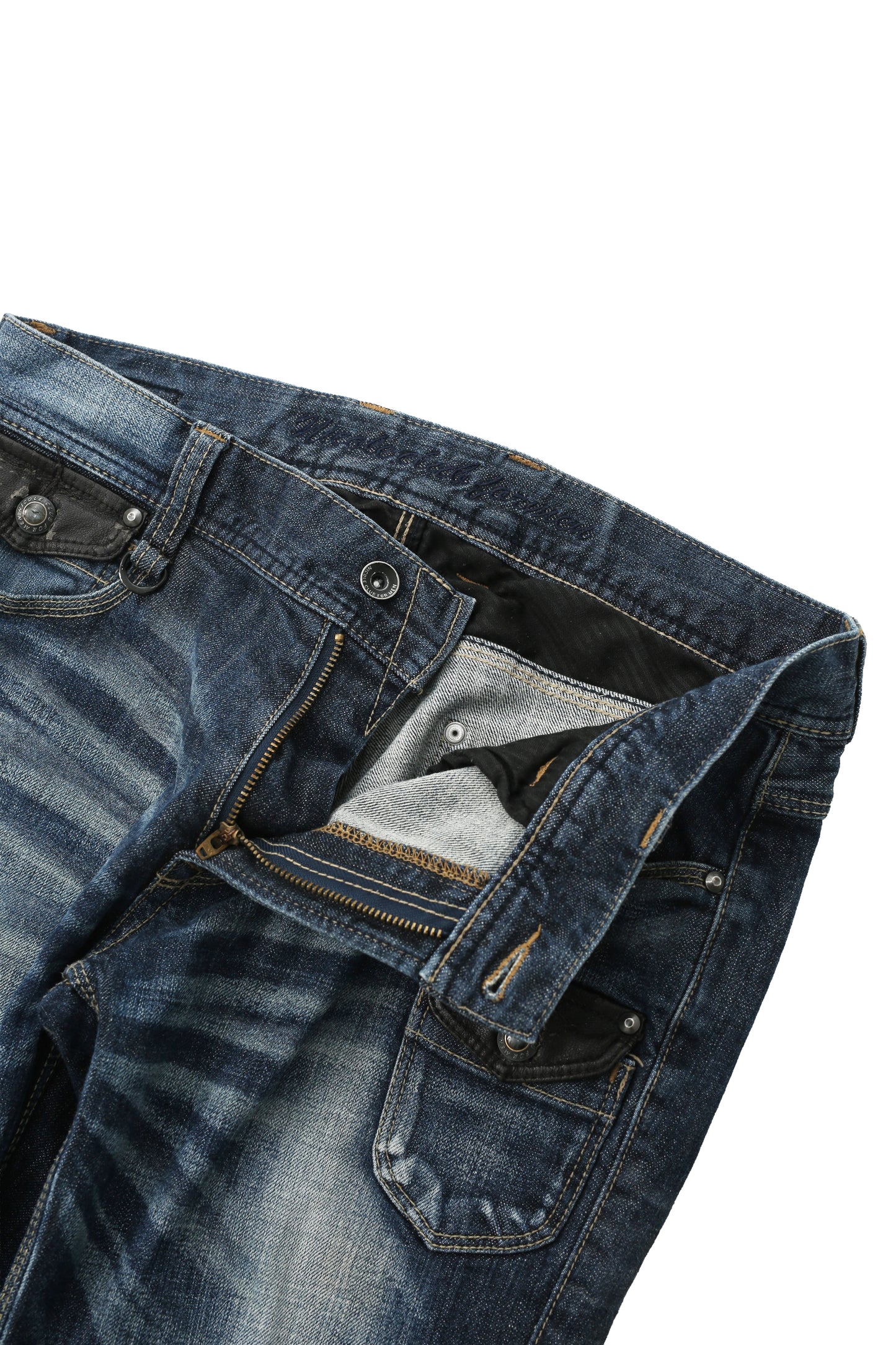 LEATHER POCKET FADED STRAIGHT JEANS