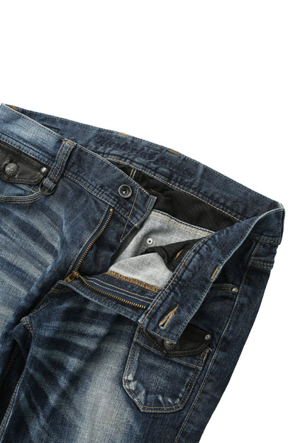 LEATHER POCKET FADED STRAIGHT JEANS