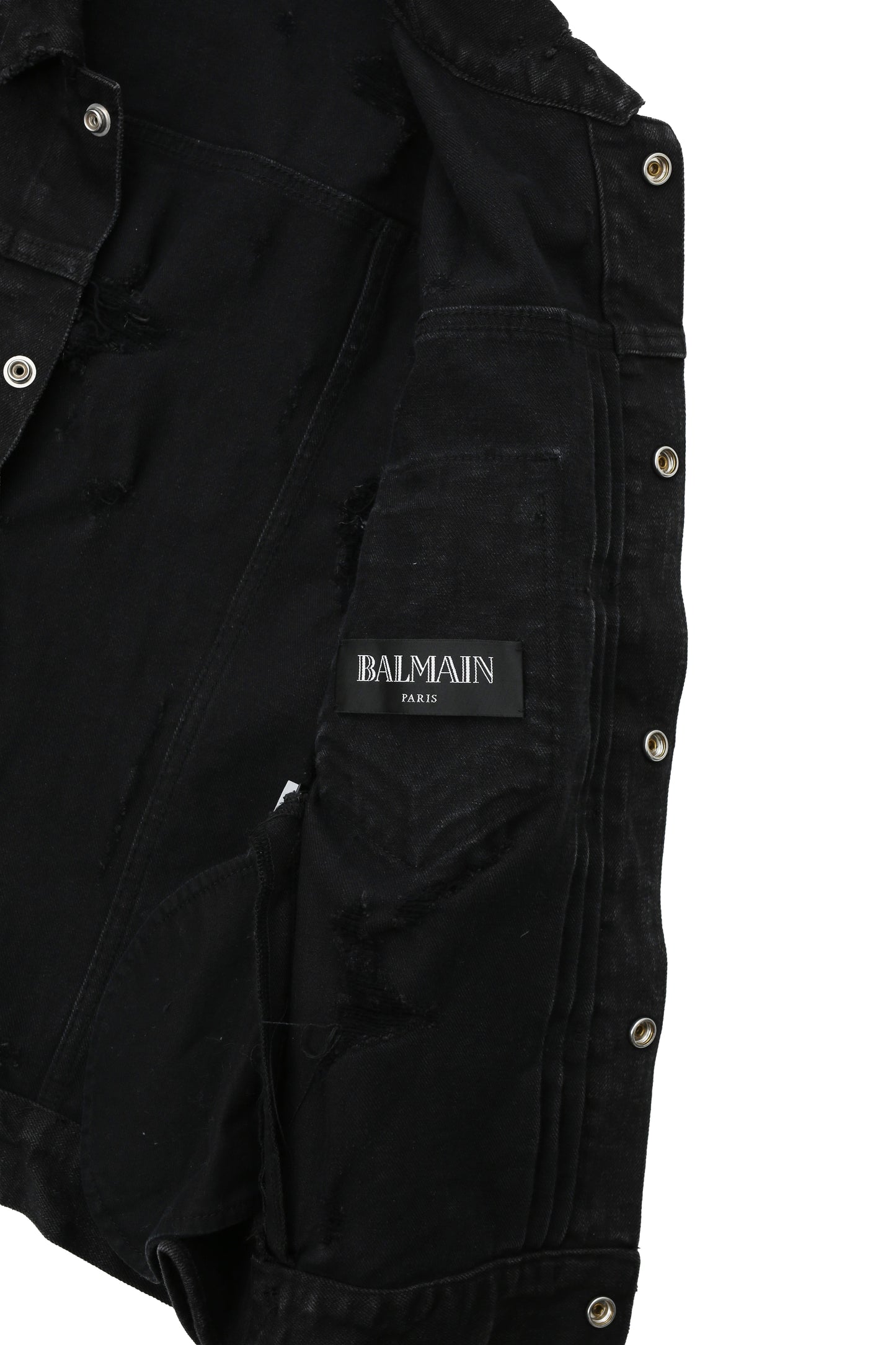 "balmain" destroyed denim jacket