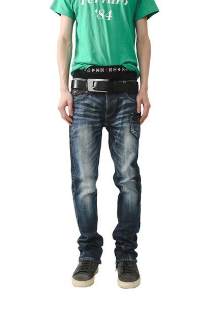 LEATHER POCKET FADED STRAIGHT JEANS