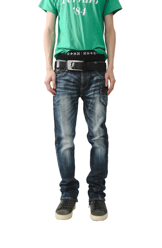 LEATHER POCKET FADED STRAIGHT JEANS